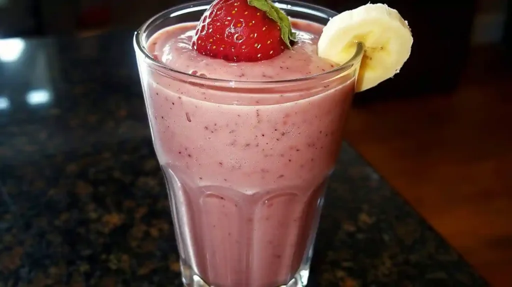 The BEST Strawberry Banana Smoothie Recipe (Ready in 5 Min!) 1 Glass of strawberry banana smoothie topped with a fresh strawberry and banana slice.