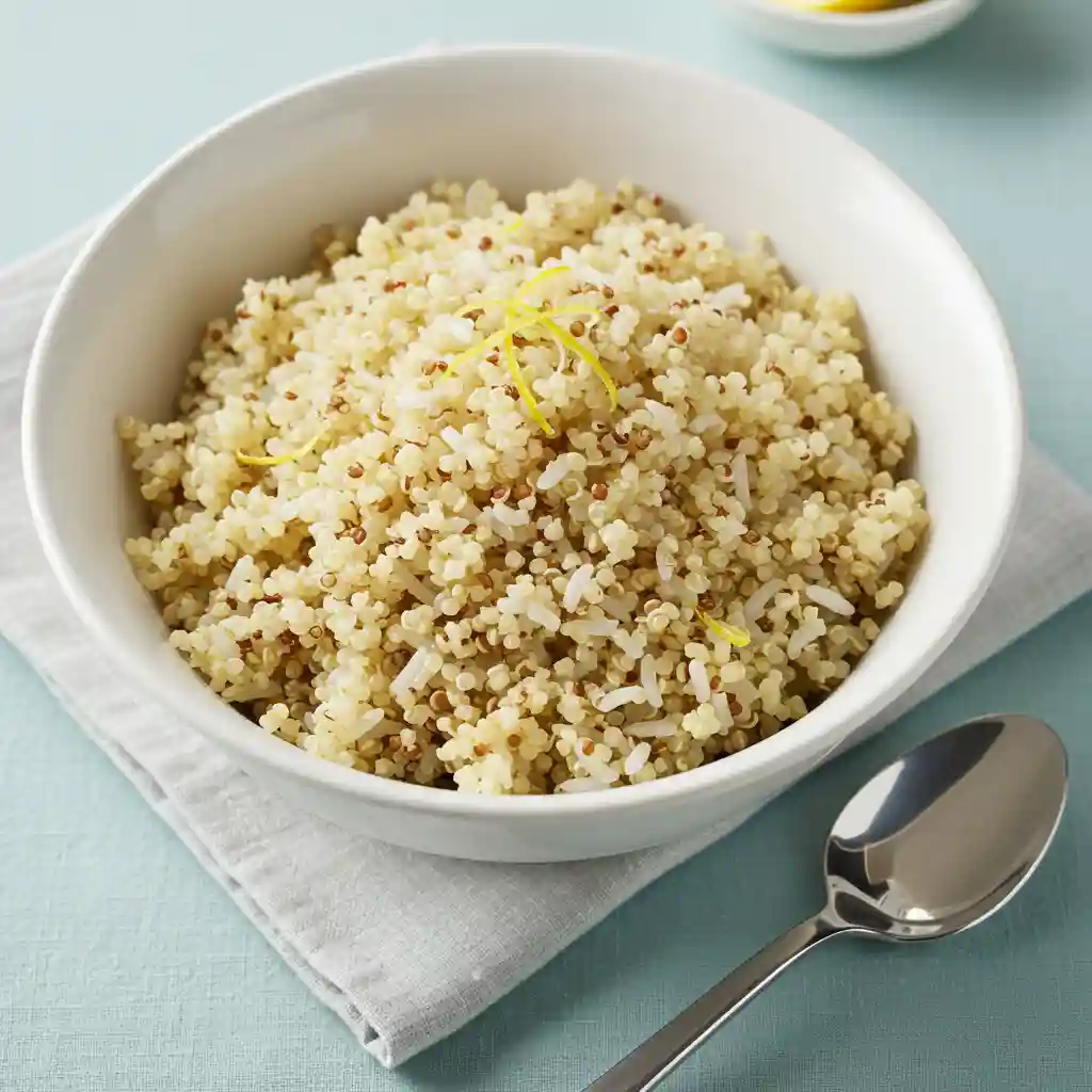 The Ultimate Cava Harissa Chicken Bowl Recipe (Customizable) 5 Fluffy basmati rice and quinoa base mixed in a bowl.