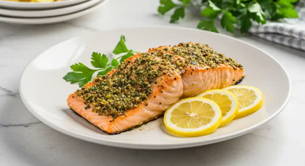 Healthy Salmon Rub Recipe-Sugar served on a white plate with lemon and herbs.
