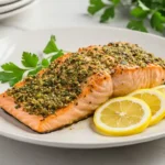 Healthy Salmon Rub Recipe-Sugar served on a white plate with lemon and herbs.