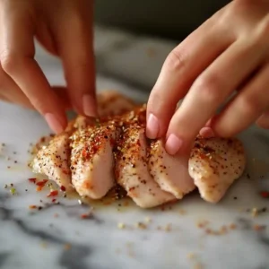 Hands seasoning chicken breasts with spices for chicken avocado ranch burritos