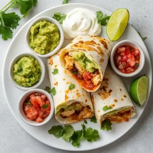 Plated chicken avocado ranch burritos with side dishes and garnishes