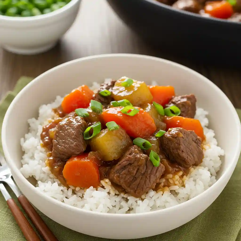 Completed Hawaiian Beef Stew served traditionally over white rice, garnished with green onions, showing tender beef and colorful vegetables in rich broth