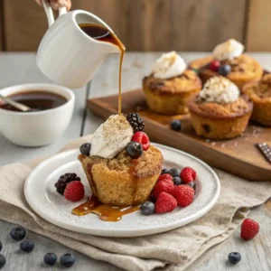 Warm Cinnamon Sugar French Toast Muffins served with syrup, berries, and whipped cream.