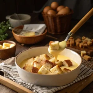 Bread cubes soaking in spiced custard to prepare Cinnamon Sugar French Toast Muffins.