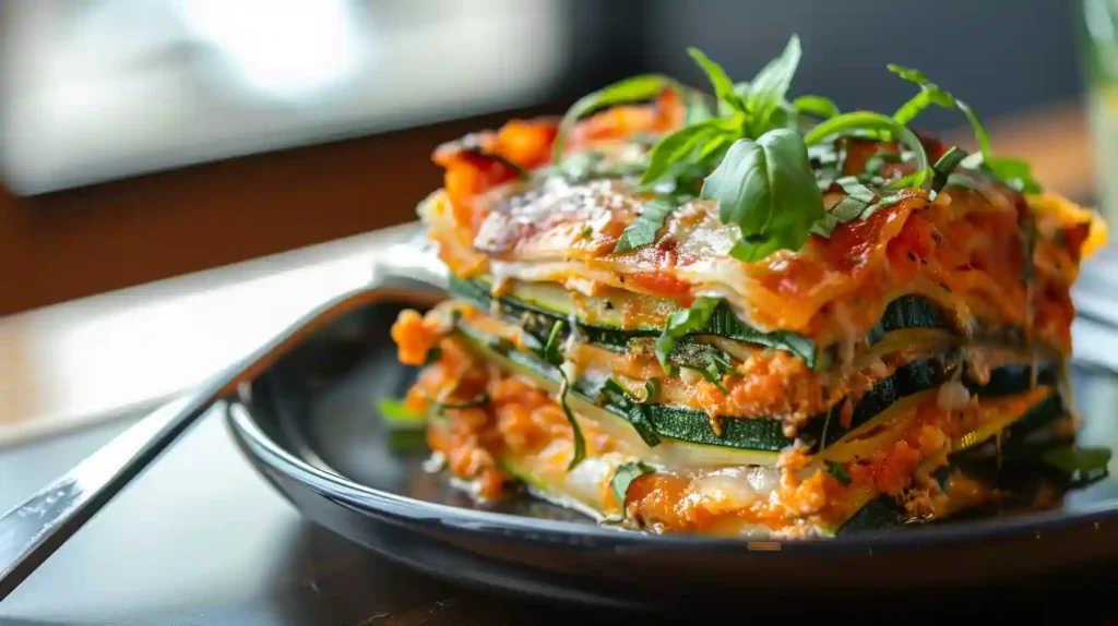 4 Best Dinner Recipes with Zucchini: Simple & Delicious 1 Homemade vegetarian dinner recipe with zucchini lasagna featuring layers of thinly sliced zucchini, melted cheese, and tomato sauce garnished with fresh basil.