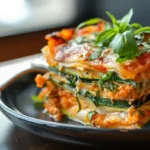 4 Best Dinner Recipes with Zucchini: Simple & Delicious 17 Homemade vegetarian dinner recipe with zucchini lasagna featuring layers of thinly sliced zucchini, melted cheese, and tomato sauce garnished with fresh basil.