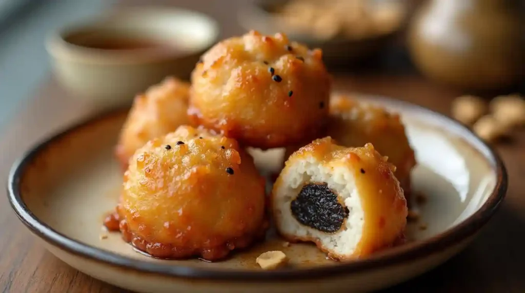 Golden-brown pan fried tangyuan (Chinese glutinous rice balls) on a ceramic plate with one cut open revealing black sesame filling. A small dish of brown sugar syrup and crushed peanuts sits nearby.