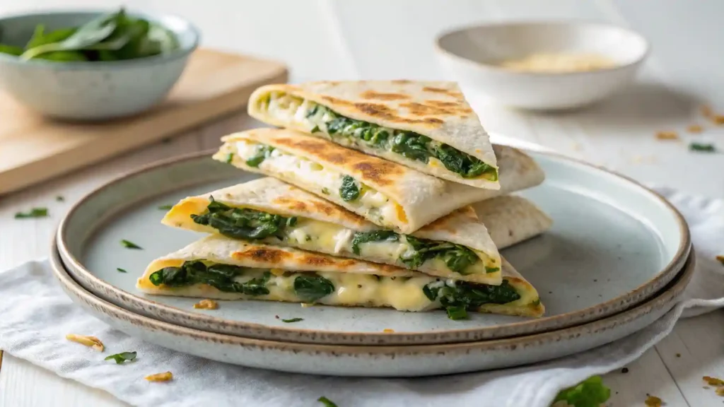 Golden, crispy spinach and feta quesadilla slices stacked on a ceramic plate with melted cheese showing.