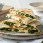 Golden, crispy spinach and feta quesadilla slices stacked on a ceramic plate with melted cheese showing.