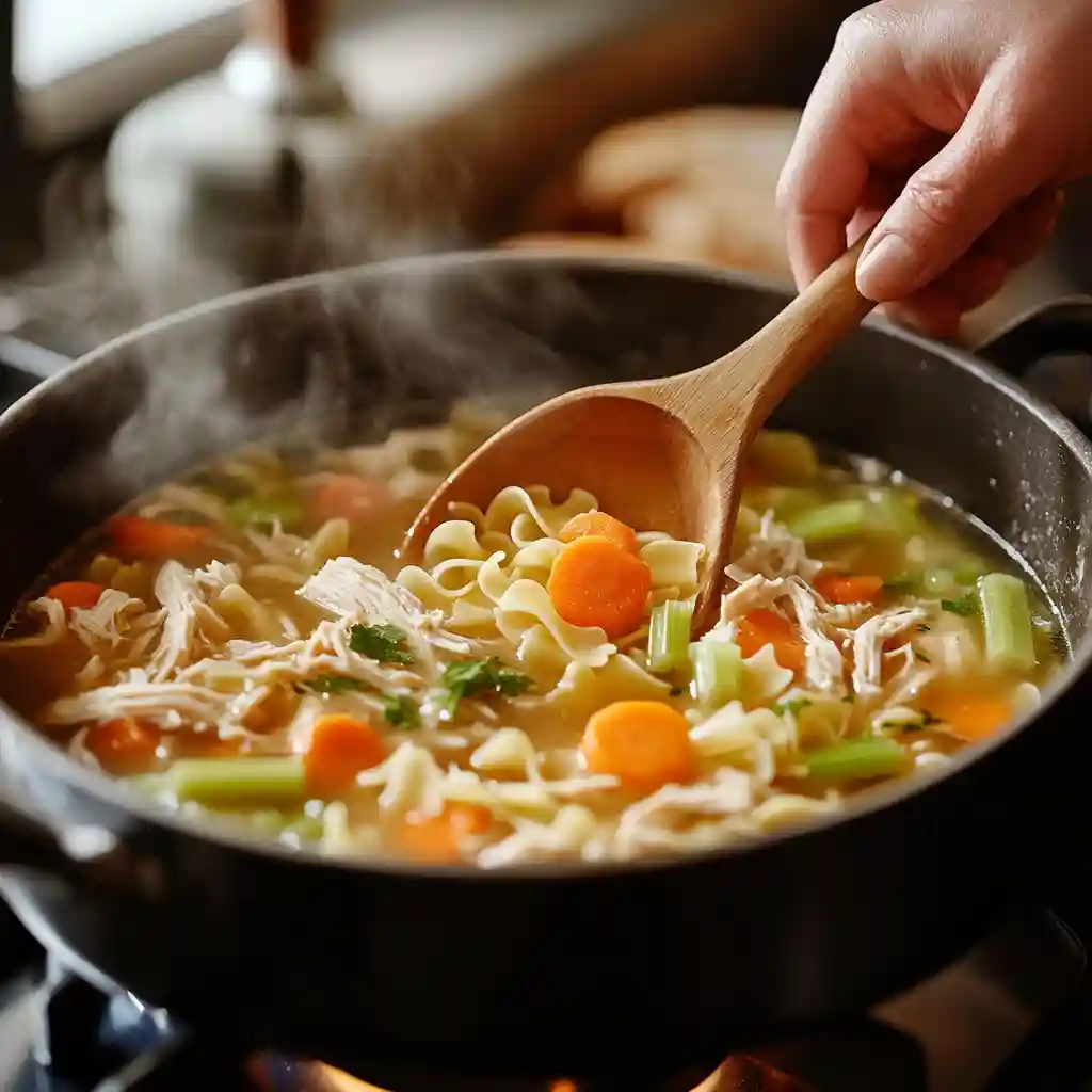 Grandma Chicken Soup A Timeless Classic for Every Kitchen 4 Chef adding carrots, celery, and noodles into simmering broth for Grandma Chicken Soup.