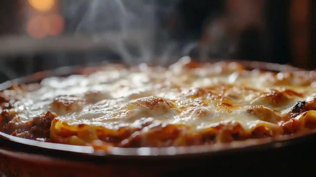 A close-up of American Beauty Lasagna with golden melted mozzarella and rich layers in a rustic baking dish.