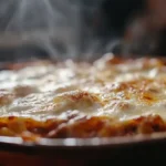 A close-up of American Beauty Lasagna with golden melted mozzarella and rich layers in a rustic baking dish.