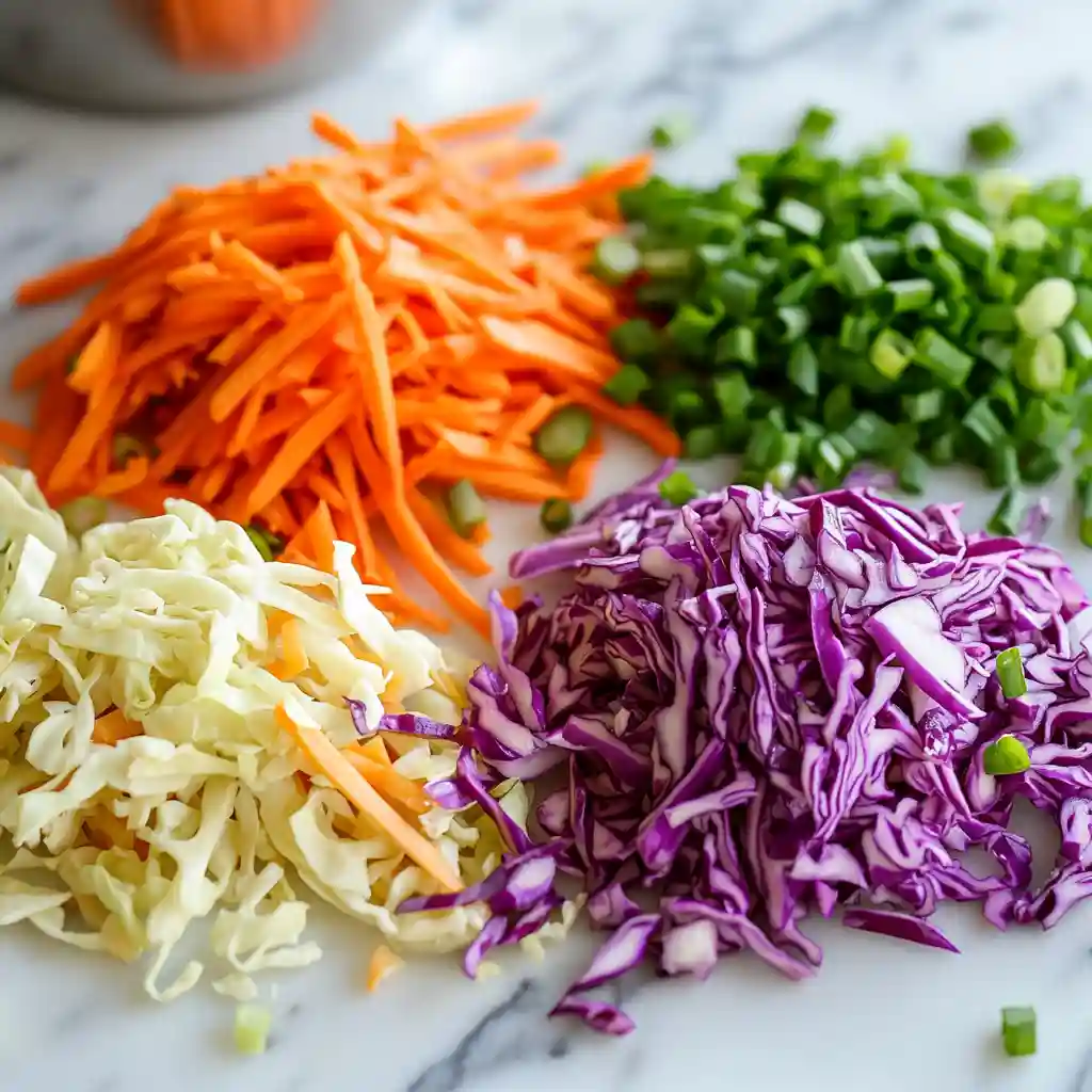 Best Asian Coleslaw Recipe (Simple, Sweet, Crunchy) 3 Shredded cabbage, carrots, green onions on marble for Asian coleslaw recipe