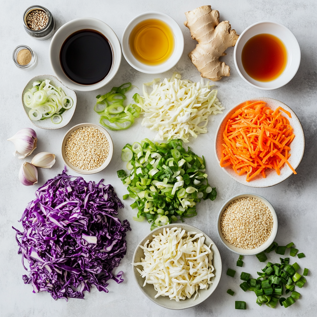 Best Asian Coleslaw Recipe (Simple, Sweet, Crunchy) 2 Flat-lay of Asian coleslaw recipe ingredients on marble: cabbage, carrots, sesame, dressing elements