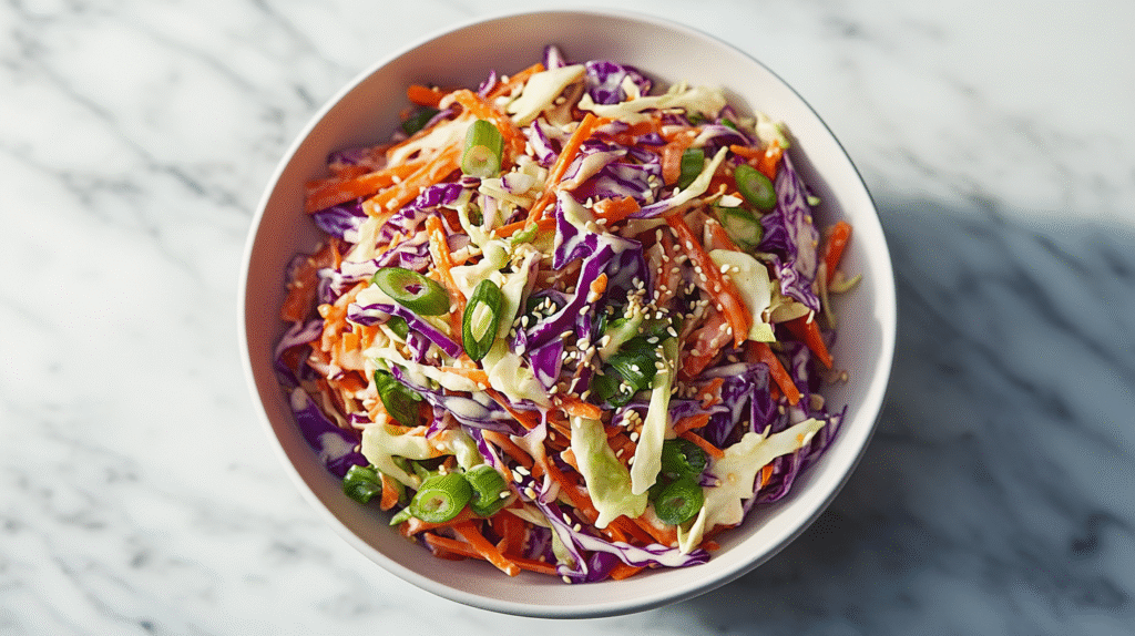 Best Asian Coleslaw Recipe (Simple, Sweet, Crunchy) 1 Realistic Asian coleslaw recipe with cabbage, carrots, sesame seeds in a white bowl on marble,