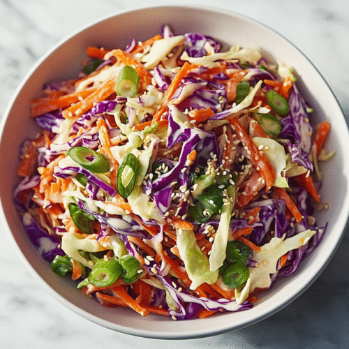Best Asian Coleslaw Recipe (Simple, Sweet, Crunchy) 8 Realistic Asian coleslaw recipe with cabbage, carrots, sesame seeds in a white bowl on marble,
