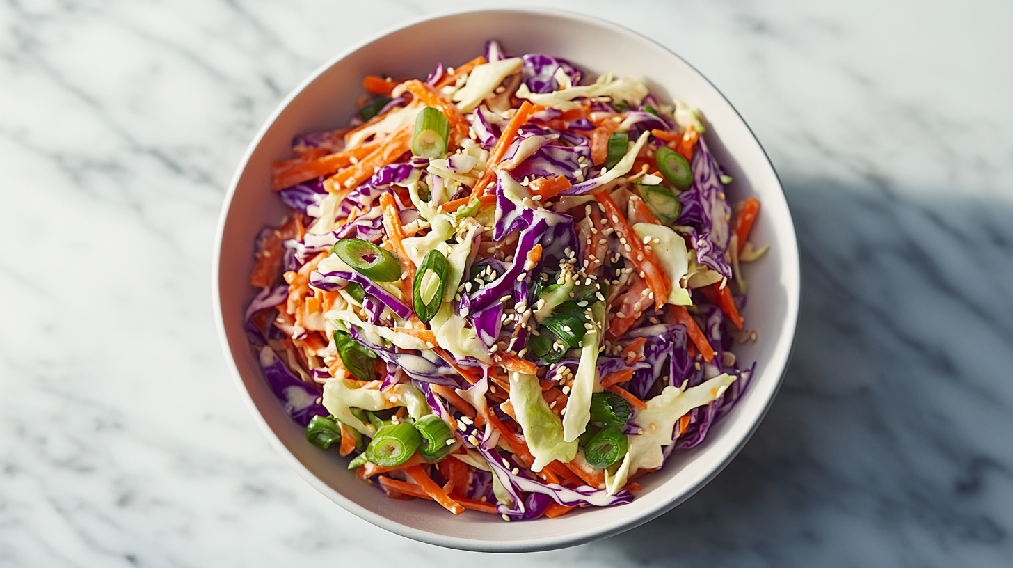 Realistic Asian coleslaw recipe with cabbage, carrots, sesame seeds in a white bowl on marble,