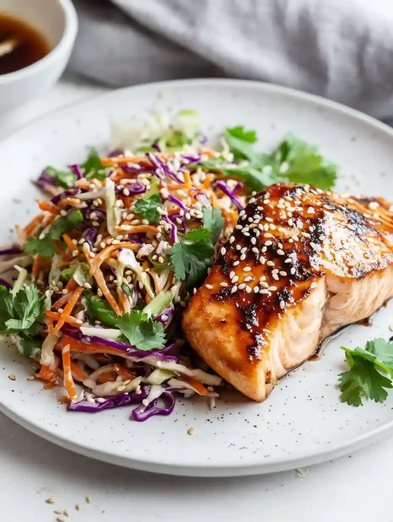 Best Asian Coleslaw Recipe (Simple, Sweet, Crunchy) 7 Asian coleslaw recipe plated with grilled chicken on white plate over marble