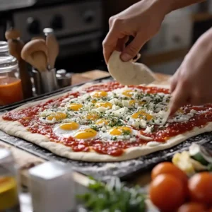 Adding sauce, cheese, eggs, and vegetables to pizza dough on a modern kitchen counter.