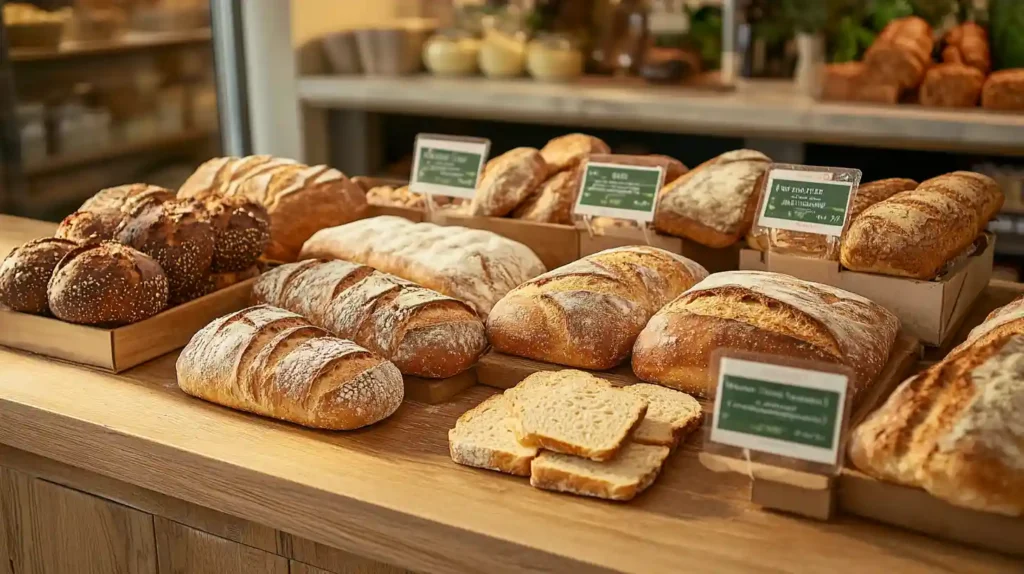 Assorted Italian supermarket bread on a wooden counter with rustic decor and morning light.