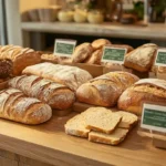 Assorted Italian supermarket bread on a wooden counter with rustic decor and morning light.