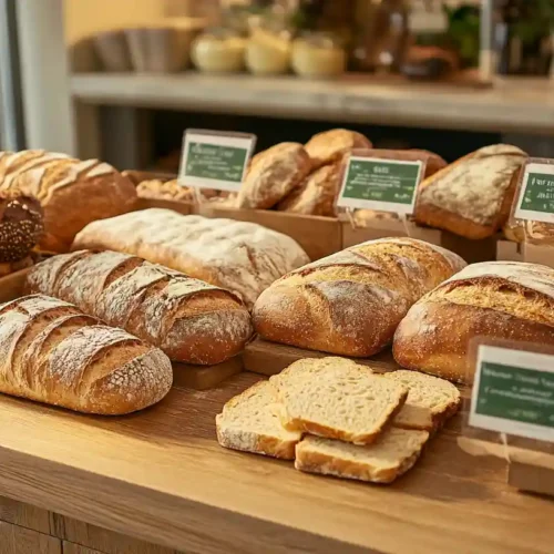 the perfect Italian Supermarket Bread 4 Assorted Italian supermarket bread on a wooden counter with rustic decor and morning light.