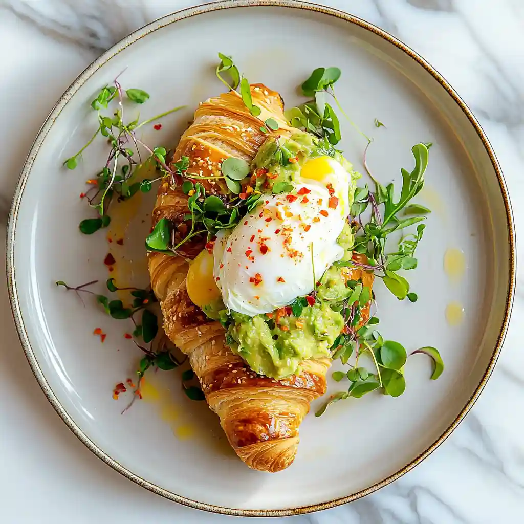 Breakfast Croissant Recipe Easy Brunch Ideas & Bakes 5 A golden egg and croissant bake topped with melted cheese and herbs, fresh from the oven in a white baking dish.