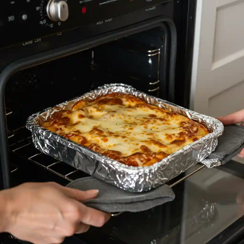 6 Steps to Classic American Beauty Lasagna Everyone Will Love 4 Lasagna covered with foil going into the oven, and golden bubbly cheese after baking.