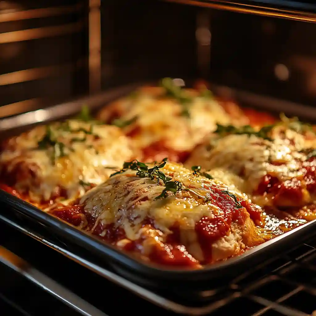 Best Chicken Parmesan Recipe–Easy, Classic & Baked Options 6 Chicken Parmesan baking in oven with melted cheese and golden crust in modern kitchen.