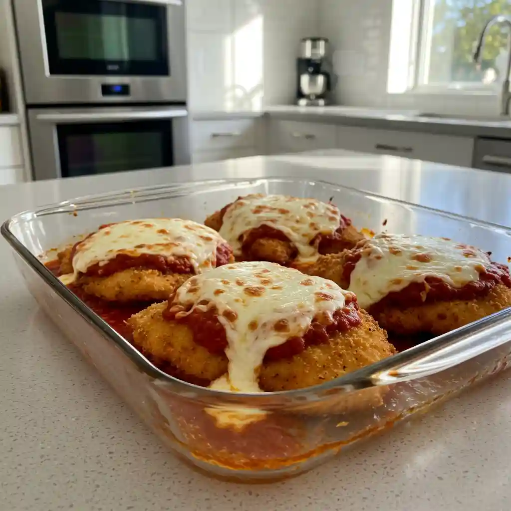 Best Chicken Parmesan Sandwich Recipe at Home 6 Chicken baking with marinara sauce and mozzarella for Chicken Parmesan Sandwich Recipe in modern kitchen