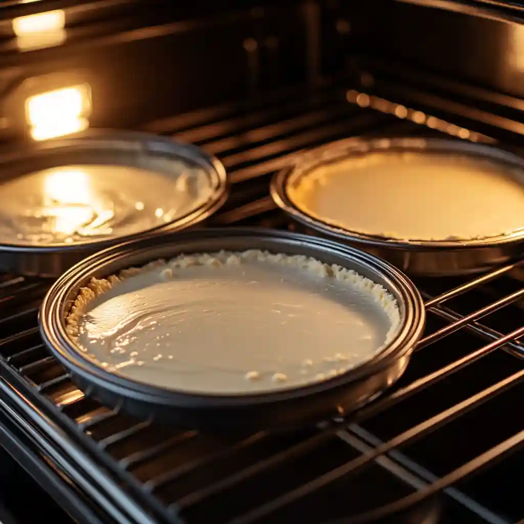 Best Italian Cream Cake You’ll Ever Bake 5 Three cake pans filled with Italian Cream Cake batter baking in a modern oven.