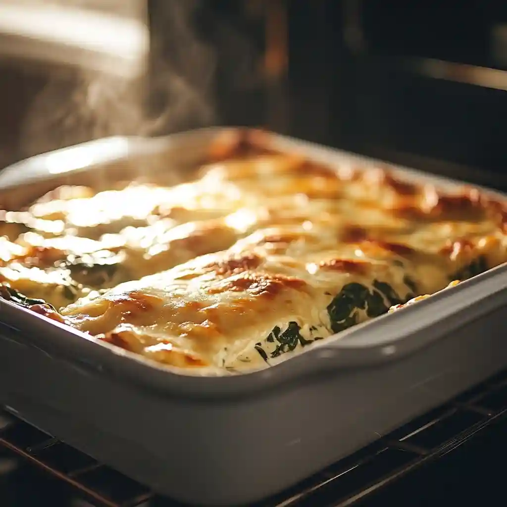 The Best Lasagna with Bechamel Sauce and Spinach 5 Baking lasagna with béchamel sauce and spinach until golden and bubbly