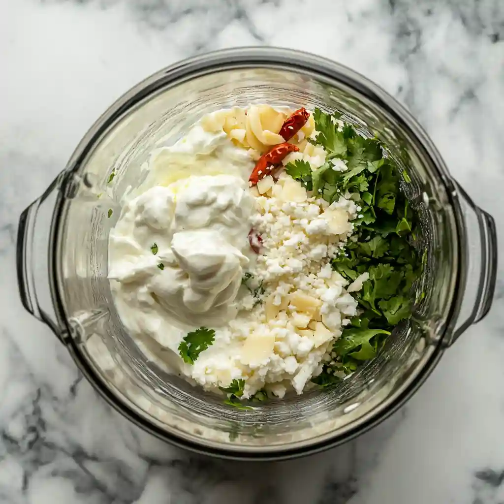 Mexican Caesar Salad 4 A blender with creamy chipotle dressing ingredients for Mexican Caesar Salad on a marble surface.
