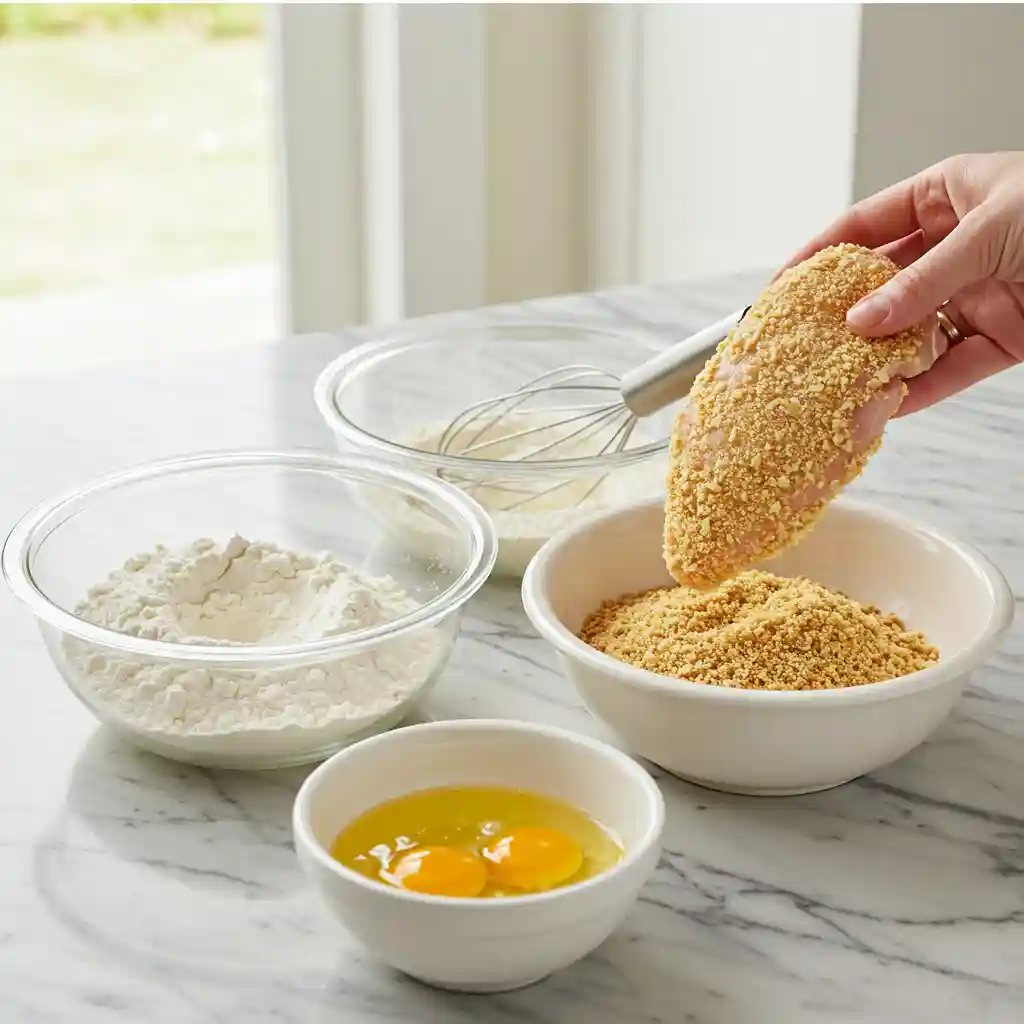 Best Chicken Parmesan Sandwich Recipe at Home 4 Chicken breasts being breaded with flour, egg, and panko for Chicken Parmesan Sandwich Recipe in modern kitchen