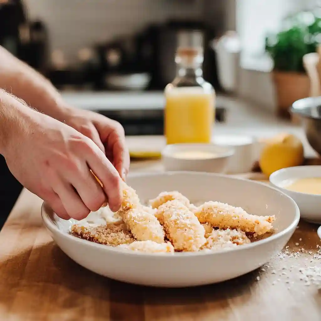 Chinese Chicken Fingers: The Ultimate Crispy Asian Chicken Recipe You’ll Love 4 Hands breading Chinese chicken fingers with cornstarch, egg wash, and panko breadcrumbs on a countertop