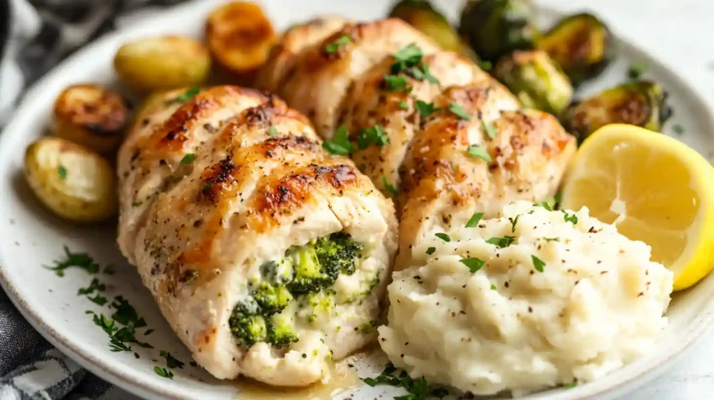 Broccoli Stuffed Chicken That Will Blow Your Mind 1 Close-up of broccoli stuffed chicken breast with a creamy filling, served with mashed potatoes and Brussels sprouts.