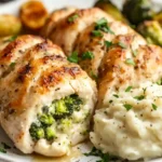 Close-up of broccoli stuffed chicken breast with a creamy filling, served with mashed potatoes and Brussels sprouts.