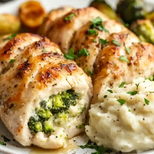 Broccoli Stuffed Chicken That Will Blow Your Mind 4 Close-up of broccoli stuffed chicken breast with a creamy filling, served with mashed potatoes and Brussels sprouts.