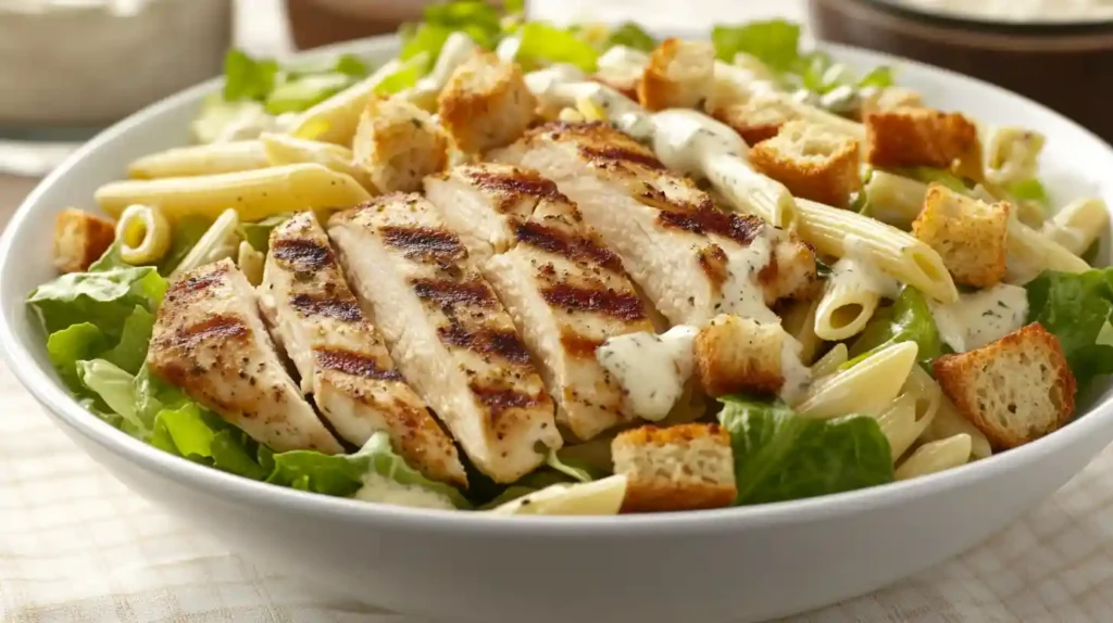 Easy & Best Chicken Caesar Salad Pasta Recipe 1 close up view of creamy Chicken Caesar Salad Pasta with grilled chicken and lettuce