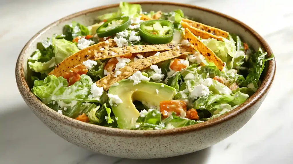 Close-up image of Mexican Caesar Salad with avocado, cotija, and chipotle dressing on a marble surface.