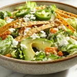 Close-up image of Mexican Caesar Salad with avocado, cotija, and chipotle dressing on a marble surface.