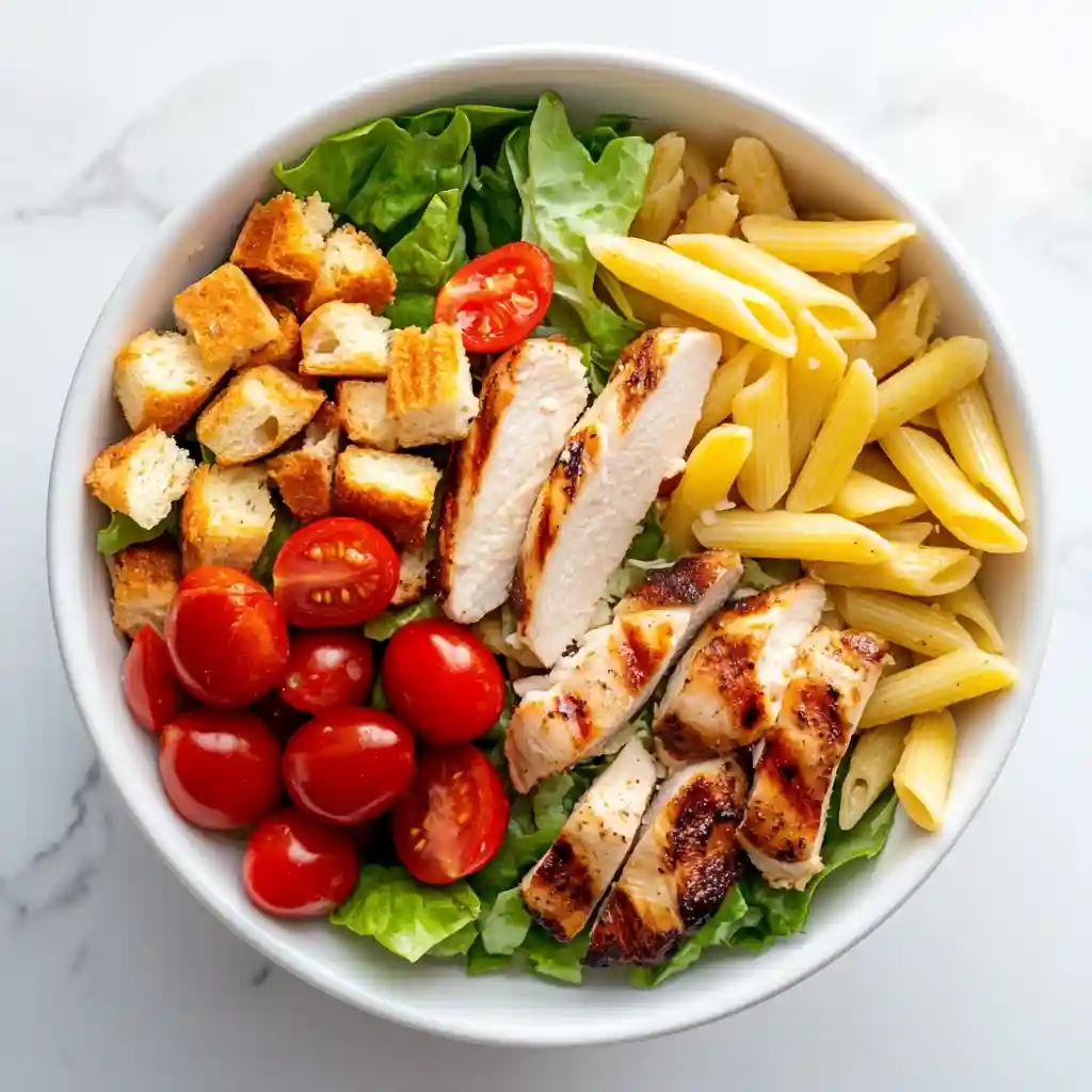 Easy & Best Chicken Caesar Salad Pasta Recipe 5 Bowl with ingredients for Chicken Caesar Salad Pasta