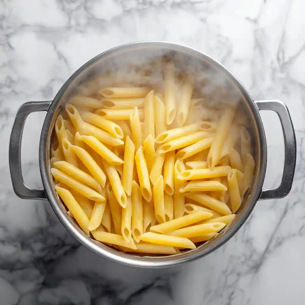 Easy & Best Chicken Caesar Salad Pasta Recipe 3 Penne pasta boiling in a pot for Chicken Caesar Salad Pasta