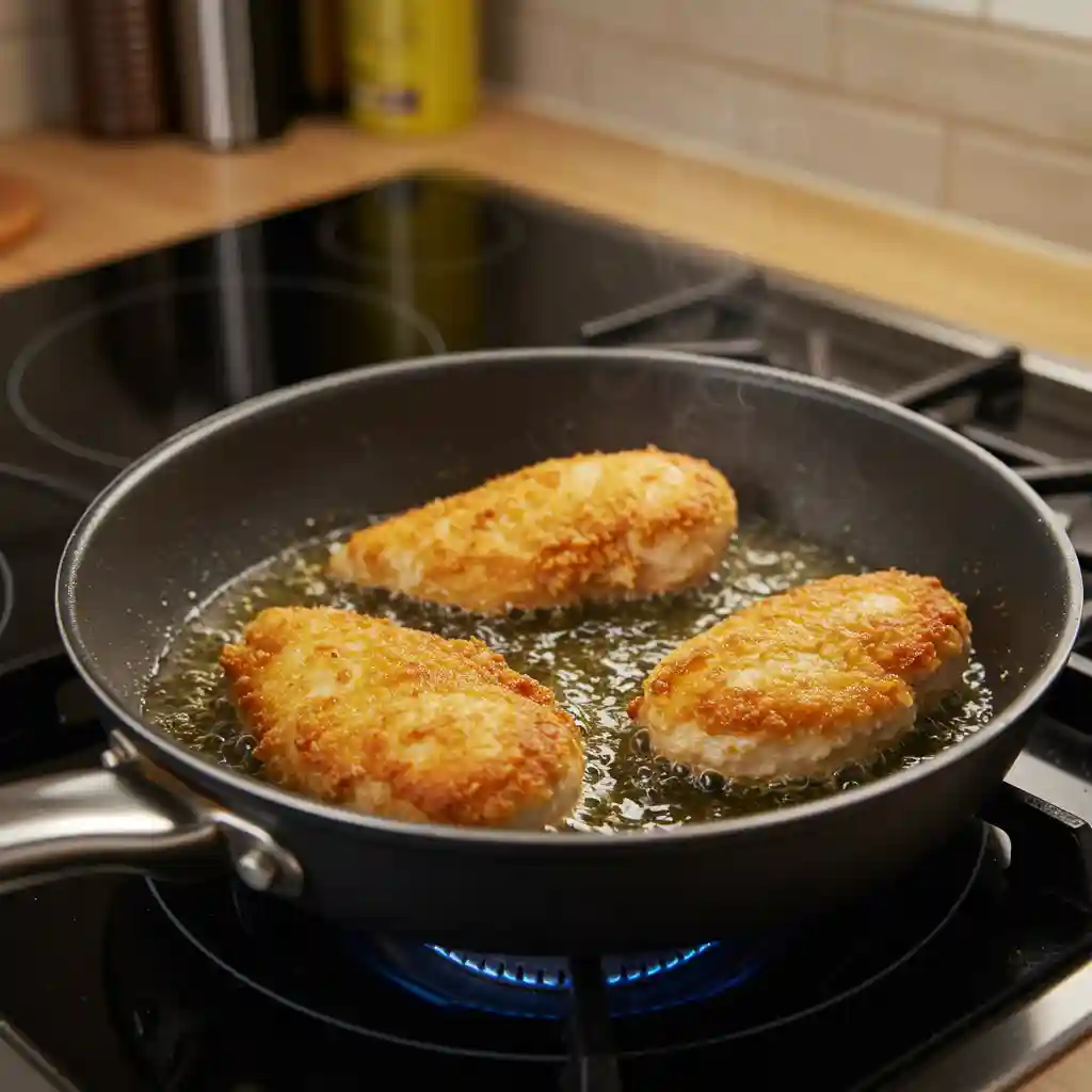 Best Chicken Parmesan Sandwich Recipe at Home 5 Golden breaded chicken frying in skillet for Chicken Parmesan Sandwich Recipe in modern kitchen