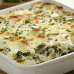 Lasagna with béchamel sauce and spinach, and cheese in a white baking dish