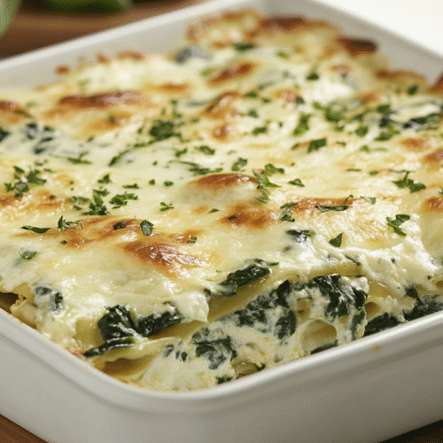 The Best Lasagna with Bechamel Sauce and Spinach 7 Lasagna with béchamel sauce and spinach, and cheese in a white baking dish