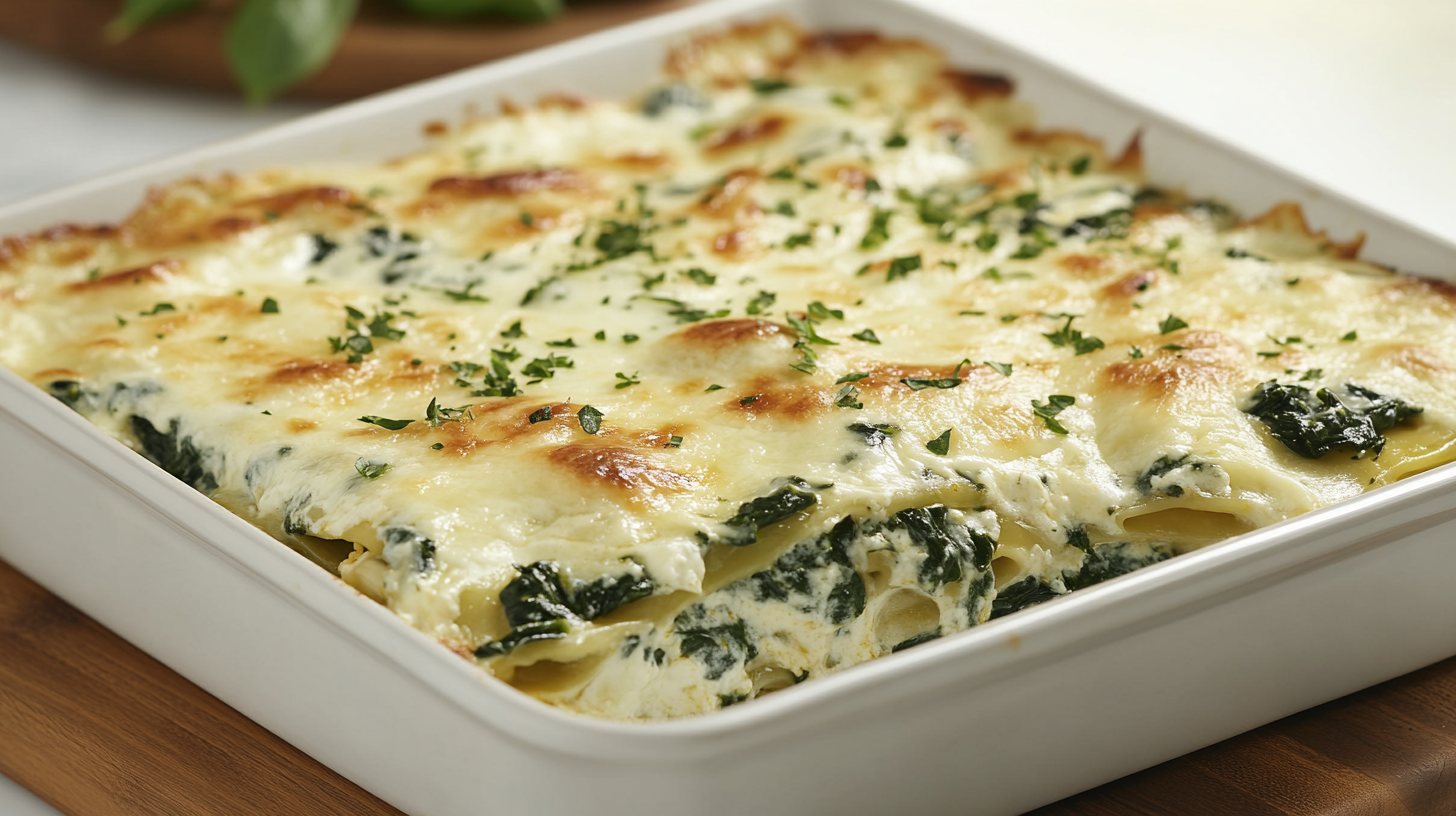 Lasagna with béchamel sauce and spinach, and cheese in a white baking dish