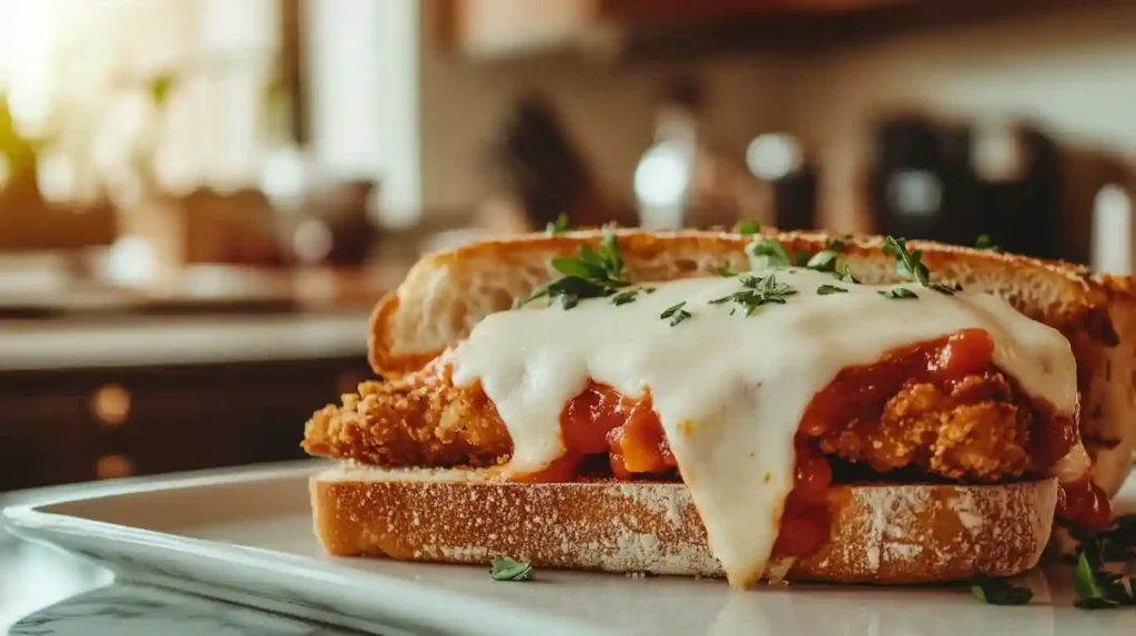 Close-up of a golden chicken parmesan sandwich recipe with melted cheese and marinara sauce on toasted ciabatta bread, set on a marble surface in a bright kitchen.