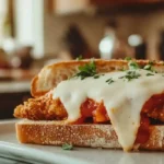Close-up of a golden chicken parmesan sandwich recipe with melted cheese and marinara sauce on toasted ciabatta bread, set on a marble surface in a bright kitchen.
